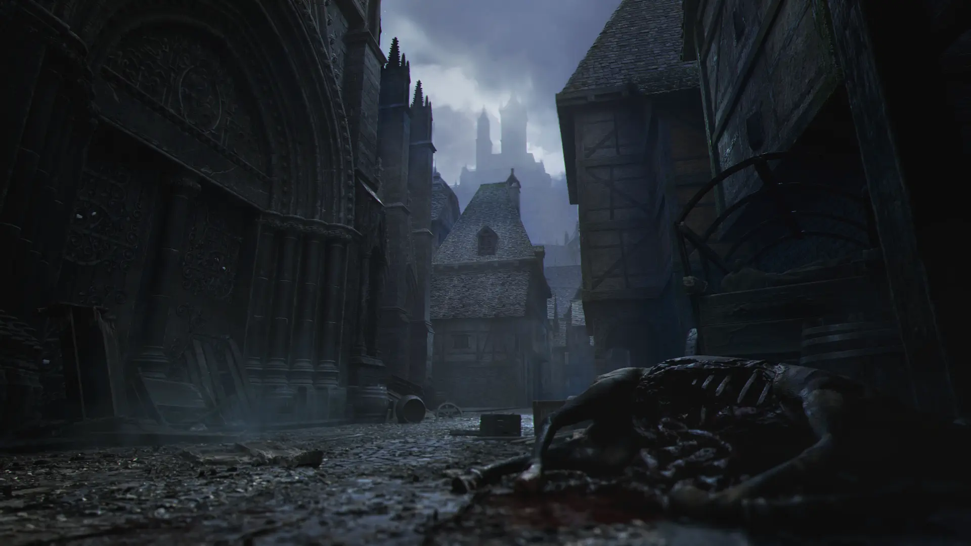 A dark street beside the cathedral