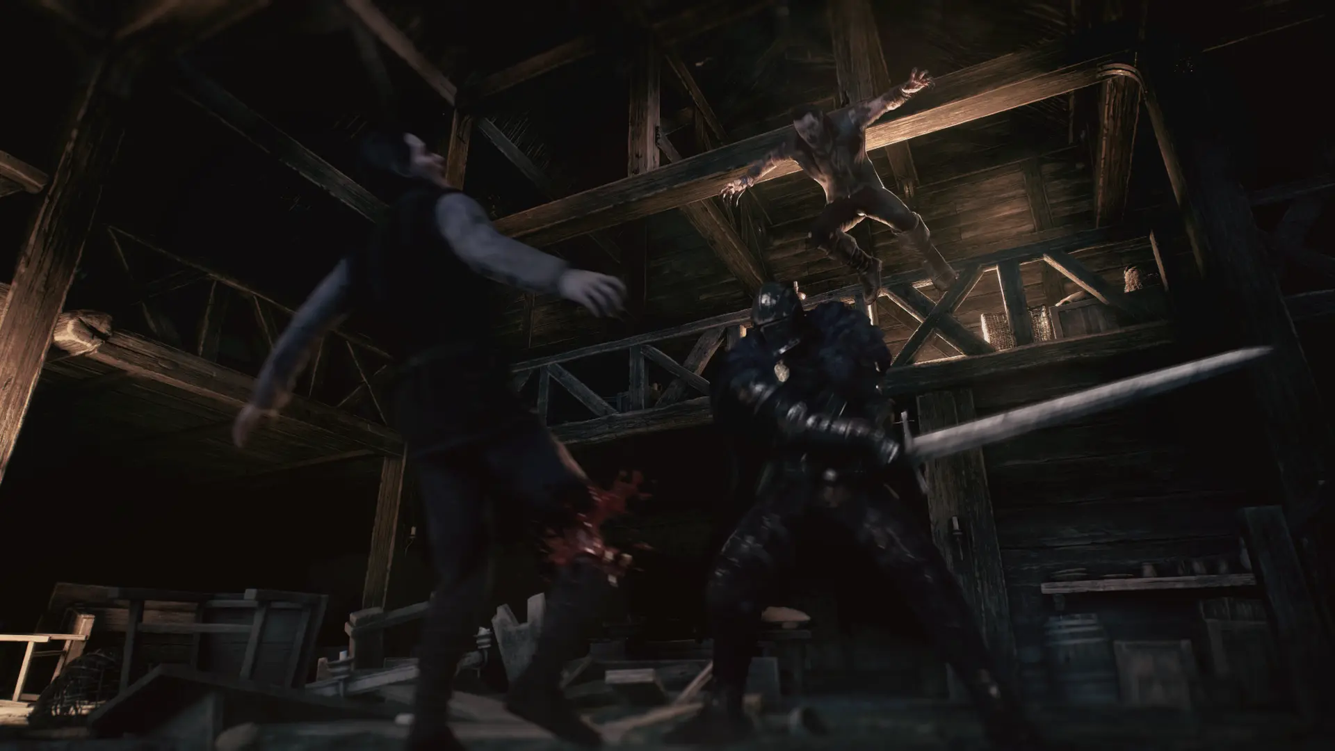 A sword fight inside a wooden building