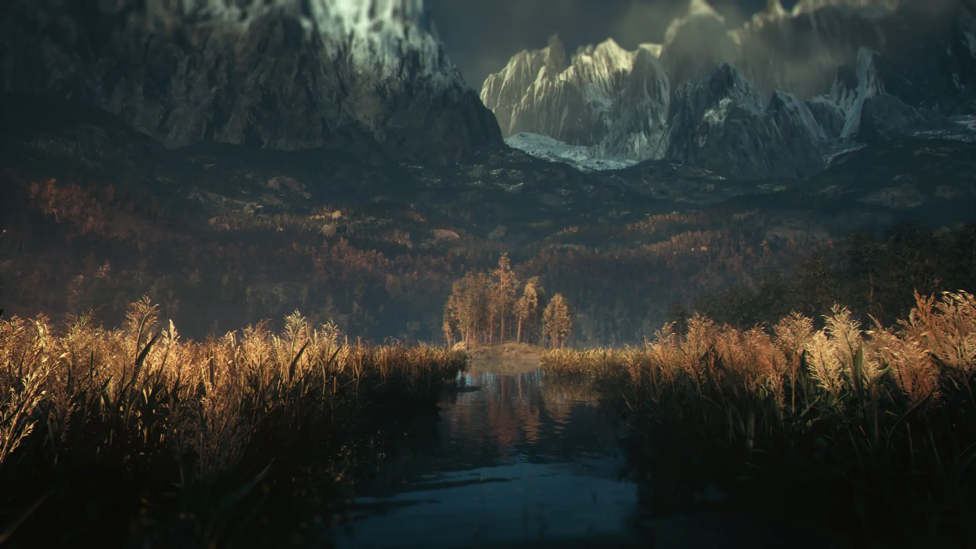 A quiet lake beneath the mountains